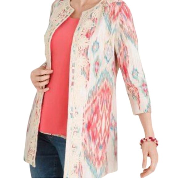 Chico’s Ikat Embroidered Multicolor Southwestern Open-Front Jacket 3/4 Sleeve 2X - Picture 1 of 7